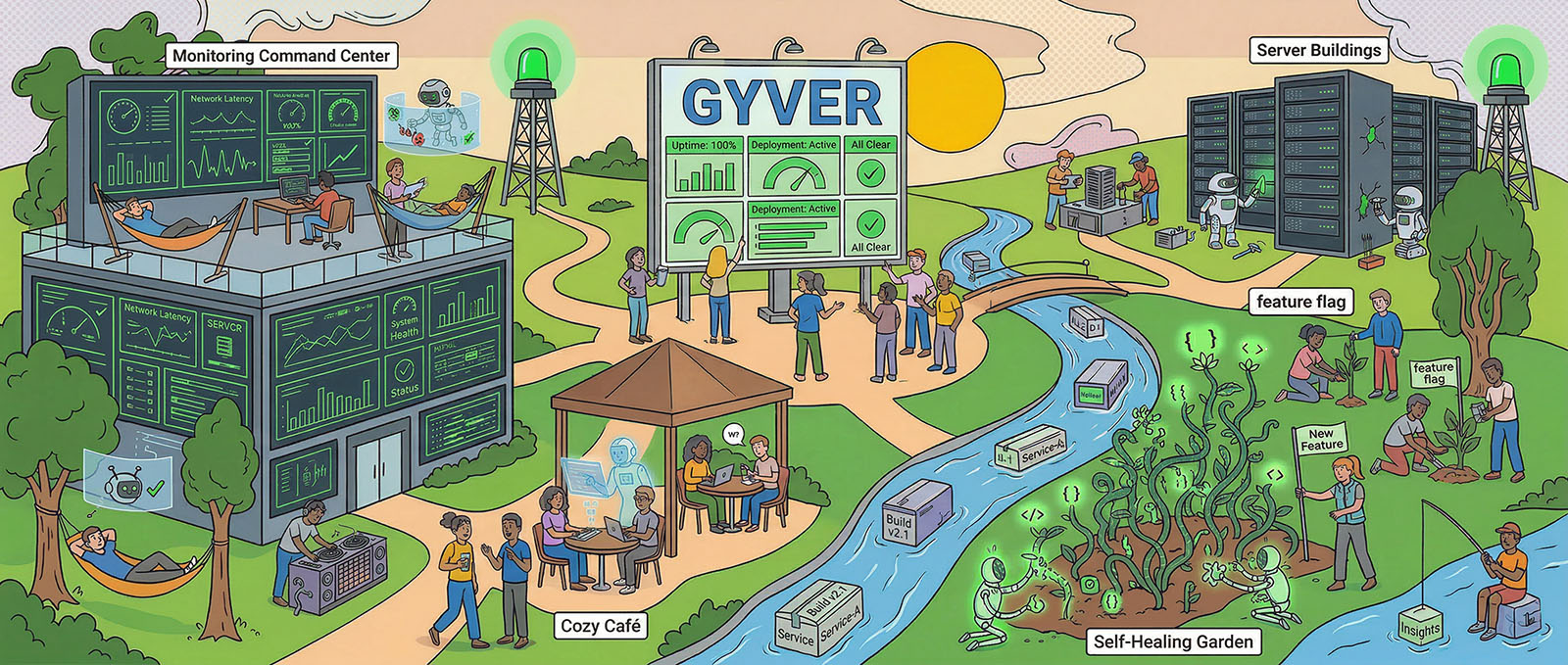 Gyver Village — a whimsical illustration of the self-healing UX pipeline